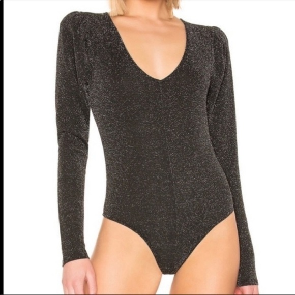 “PAIGE” Metallic Lurex Samina Puffed Shoulder Bodysuit - Picture 1 of 16